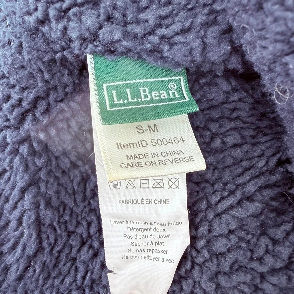 LL Bean Kids Navy Blue Striped Knit Trapper Hat Pom Pom Fleece Lined Small / Med